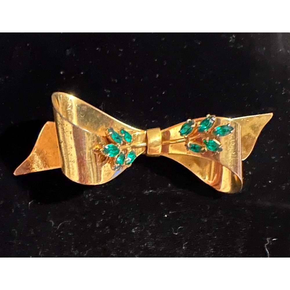 Vintage Coro Sterling Bow Pin w/ Green Rhinestones